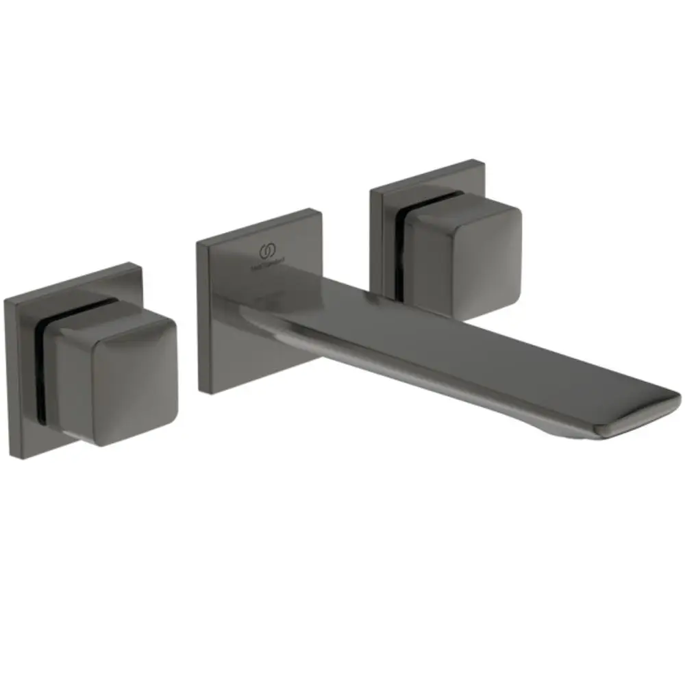 Wand-Waschtischarmatur in moderner, quadratischer Form von Ideal Standard. Die Armatur hat zwei eckige Rosetten und einen flachen Auslauf. Farbe: Magnetic Grey.